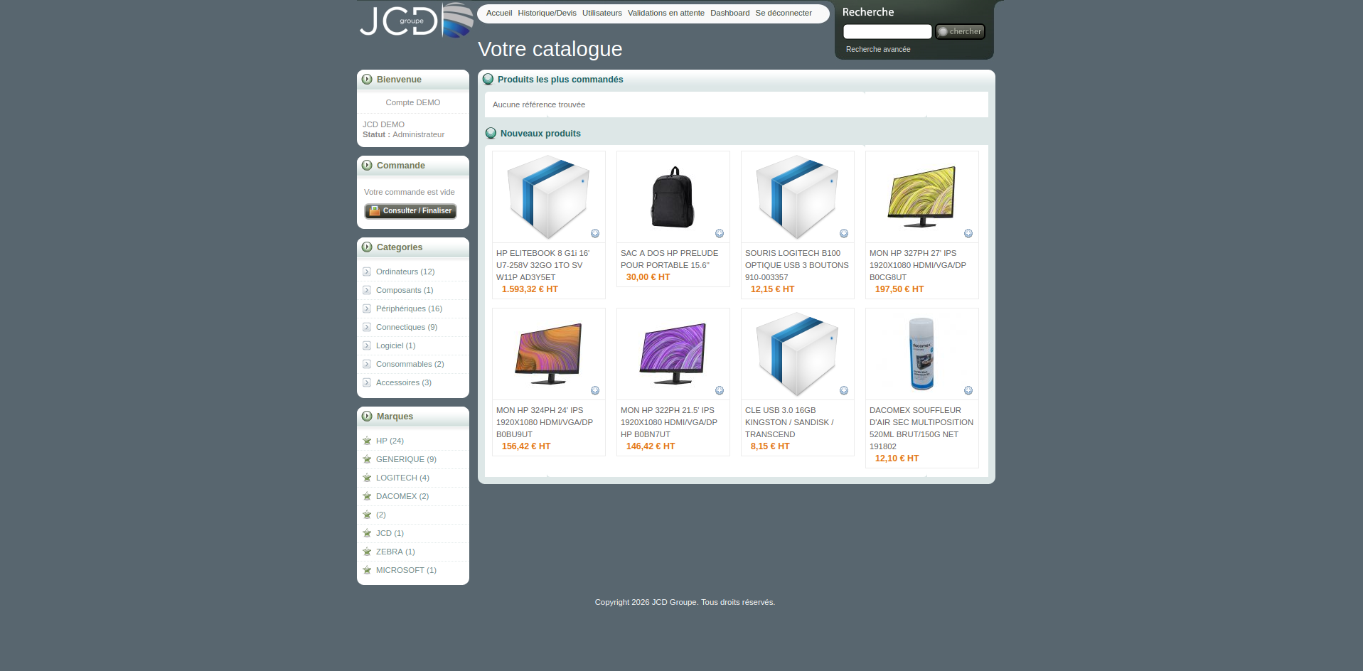 Catalogue JCD Commerce V1 avec navigation latérale, grille de produits et prix visibles.