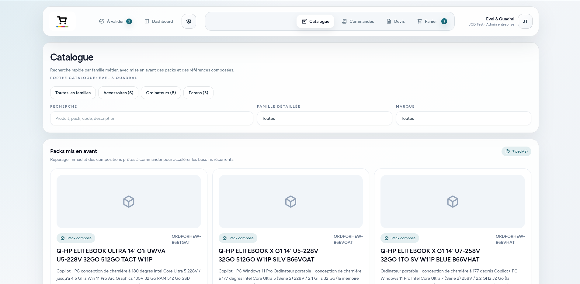 Catalogue JCD Commerce V2 avec filtres regroupés, recherche et cartes de références.